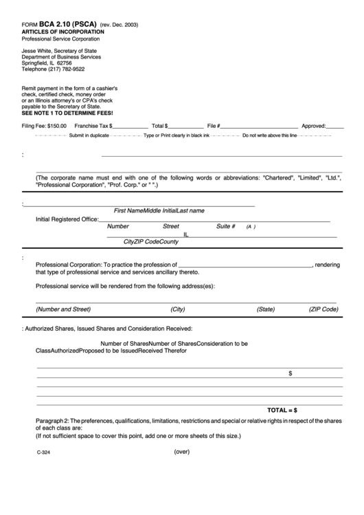 Fillable Form Bca 2.10 (Psca) - Articles Of Incorporation Professional Service Corporation Printable pdf