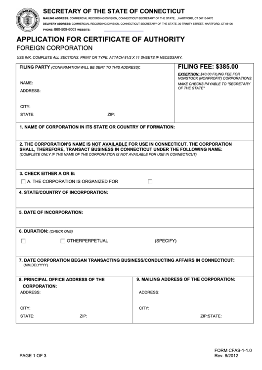 Fillable Secretary Of The State Of Connecticut Application For Certificate Of Authority Foreign Corporation Printable pdf