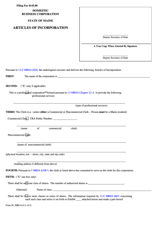 Fillable Form Mbca-6 - Domestic Business Corporation - Articles Of Incorporation/filer Contact Cover Letter Template - 2012 Printable pdf