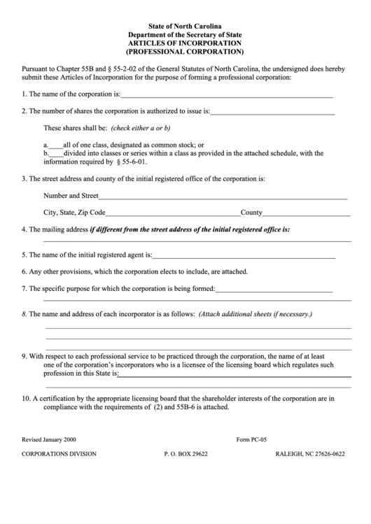 Fillable Form Pc-05 - Articles Of Incorporation (Professional Corporation) - 2000 Printable pdf