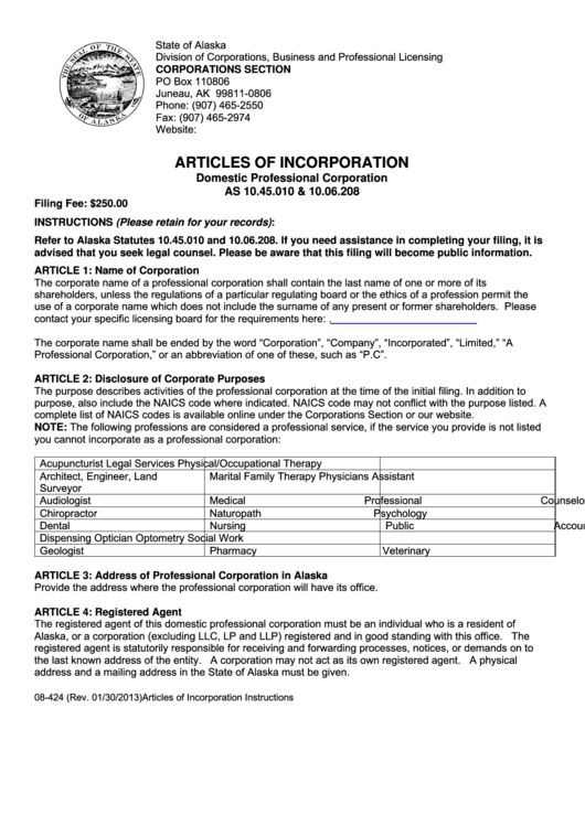 Fillable Form 08-424 - Articles Of Incorporation Domestic Professional Corporation/form 08-561 - Contact Information Sheet - 2013 Printable pdf