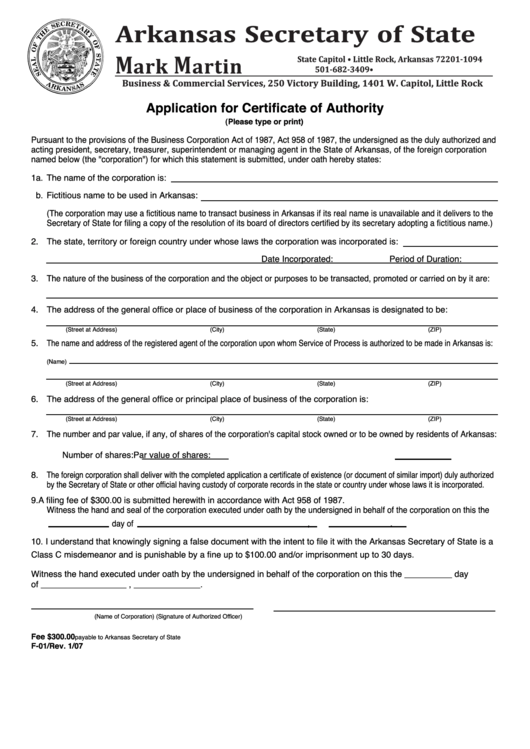 Form F-01 - Application For Certificate Of Authority - 2007, Form Ft-11 - Corporate Franchise Tax - 2006 Printable pdf