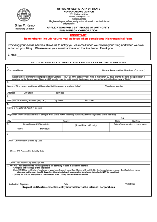 Fillable Form 236 - Application For Certificate Of Authority For Foreign Corporation Printable pdf