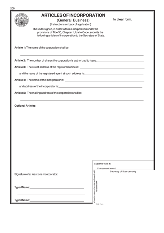 Fillable Articles Of Incorporation (General Business) Form - Idaho Printable pdf