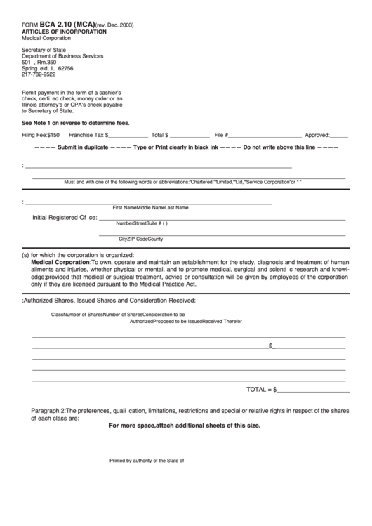 Fillable Form Bca 2.10 (Mca) Articles Of Incorporation Medical Corporation Printable pdf