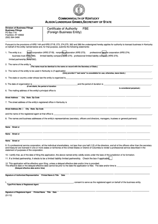 Fillable Form Fbe - Certificate Of Authority (Foreign Business Entity) - 2012 Printable pdf