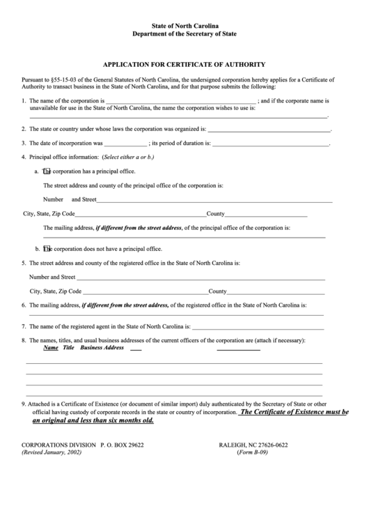 Fillable Form B-09 - Application For Certificate Of Authority Printable pdf