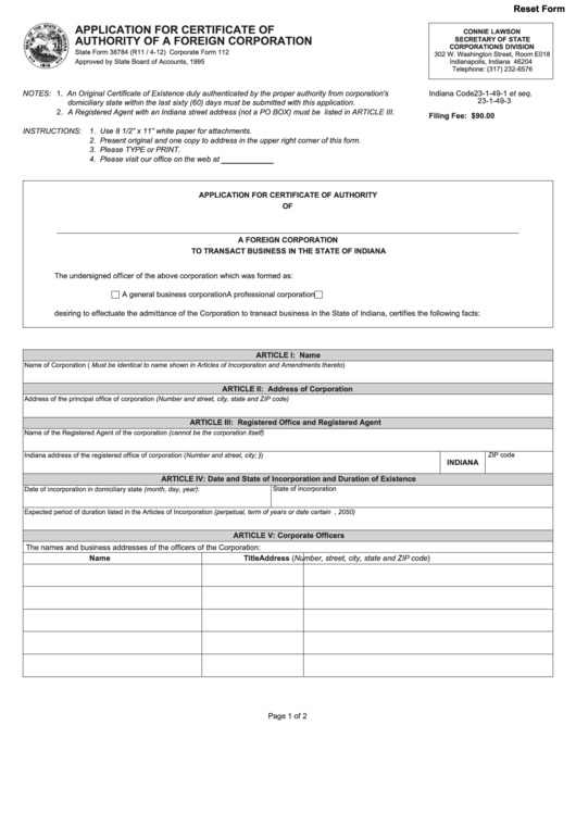 Fillable Application For Certificate Of Authority Of A Foreign Corporation State Form 38784 Printable pdf