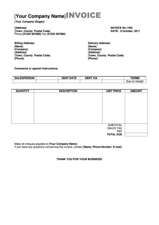 Blank Company Invoice Template printable pdf download