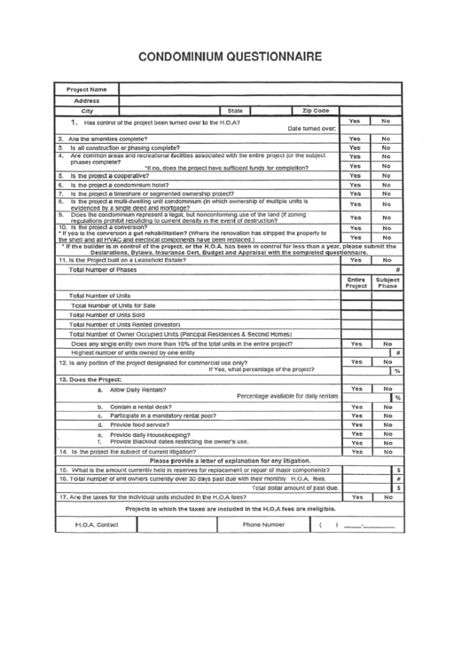 Condominium Questionnaire Printable pdf