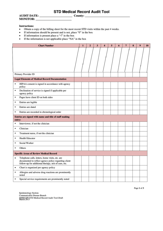 Std Medical Record Audit Tool Template Printable pdf