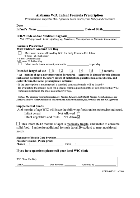 Form Adph-Wic-111a - Alabama Wic Infant Formula Prescription With Instructions Printable pdf
