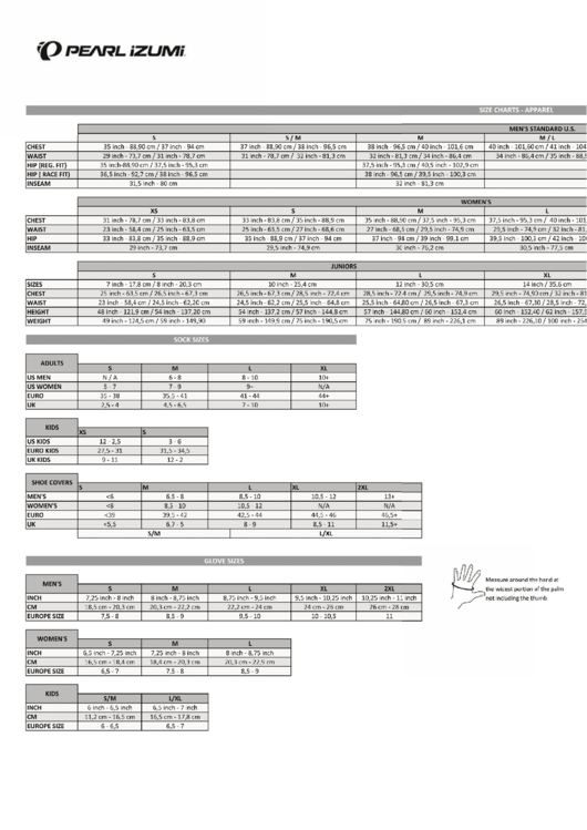 Pearl Izumi Apparel/glove Size Chart Printable pdf