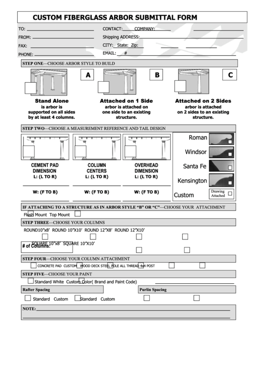 Custom Fiberglass Arbor Submittal Form Printable pdf