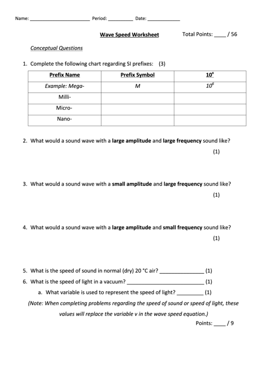 Wave Speed Worksheet Printable pdf