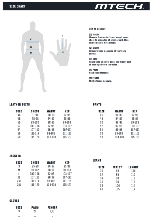 Mtech Leather Suits, Jackets & Gloves Size Chart Printable pdf