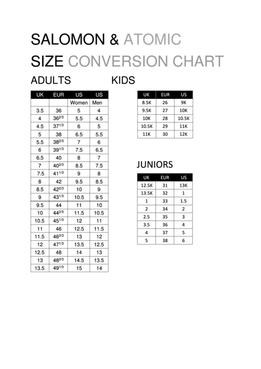Salomon & Atomic Size Conversion Chart Printable pdf