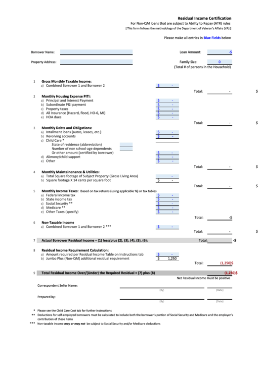 Residual Income Certification Printable pdf