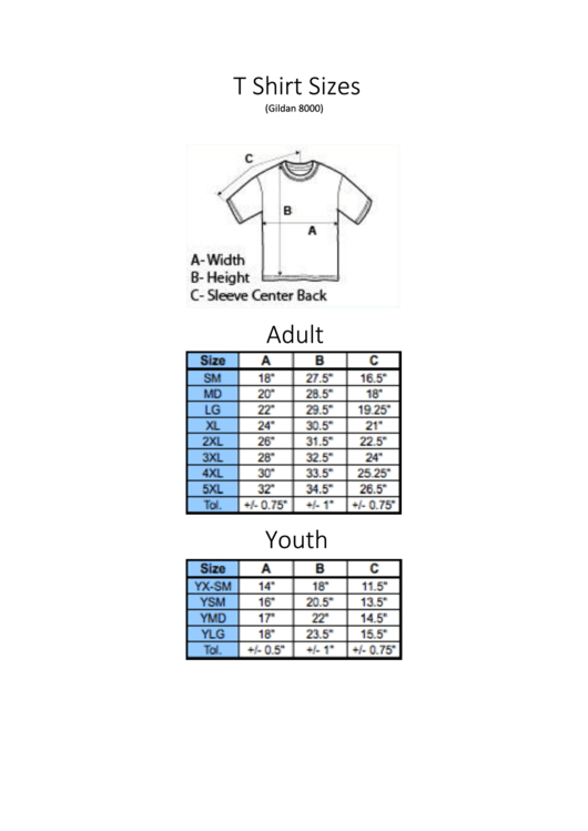 Gildan 8000 T Shirt Size Chart Printable pdf