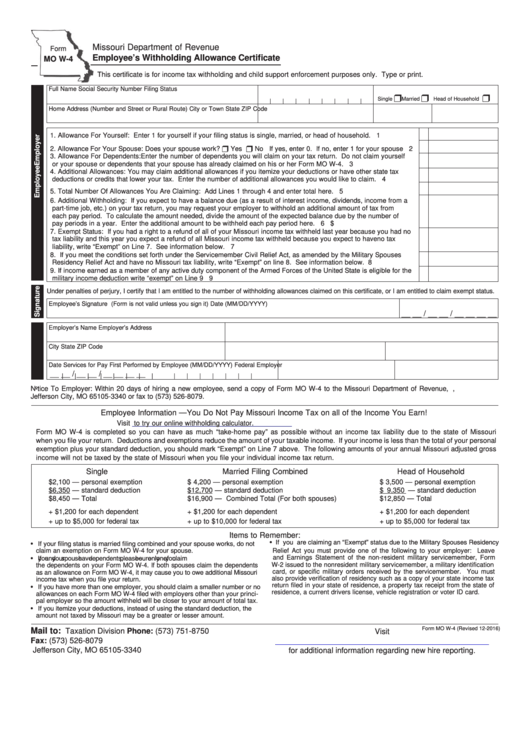 Fillable Form Mo W-4 - Employee