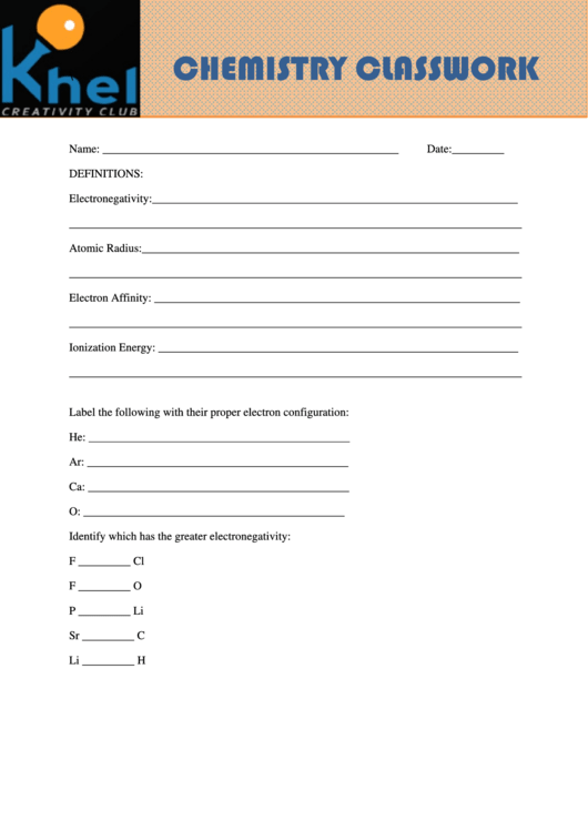 Chemistry Classwork Printable pdf
