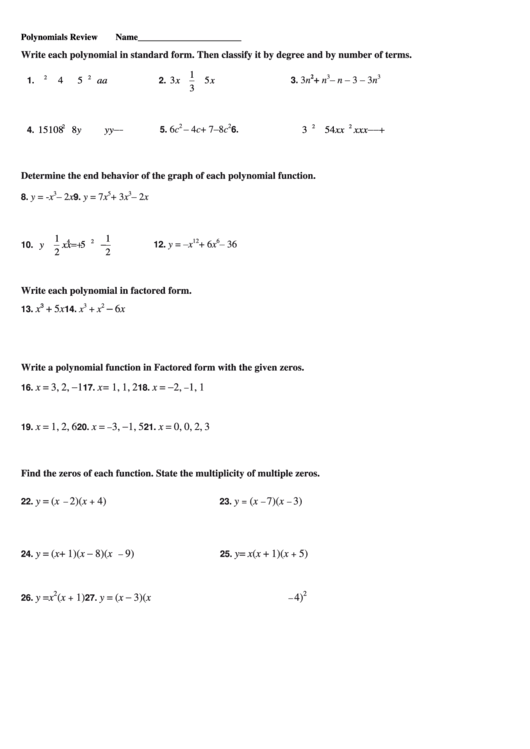 Polynomials Unit Review Printable pdf