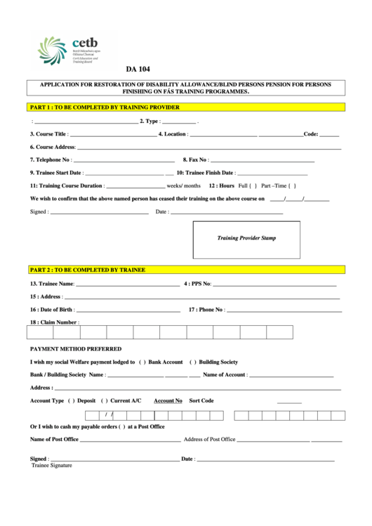 Application For Restoration Of Disability Allowance/blind Persons Pension Printable pdf