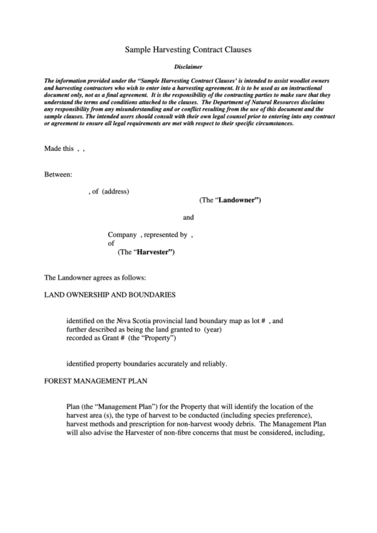 Sample Harvesting Contract Clauses Printable pdf