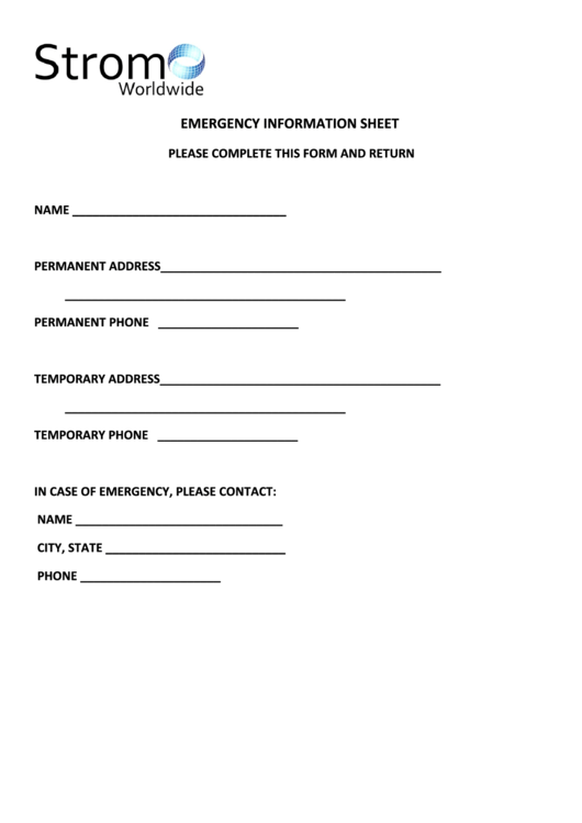 Emergency Information Sheet Printable pdf