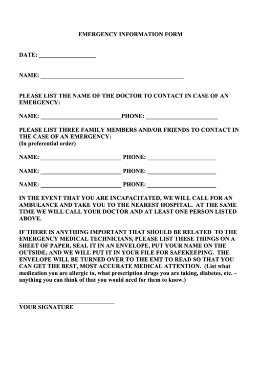Fillable Emergency Information Form Printable pdf