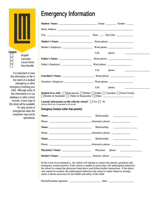 Emergency Information Form - Lancaster Mennonite Printable pdf