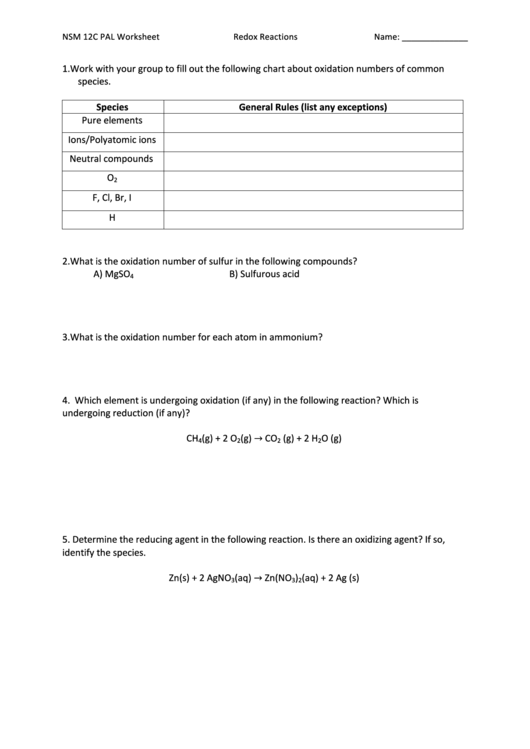 Chemistry Worksheet (Oxidation) Printable pdf