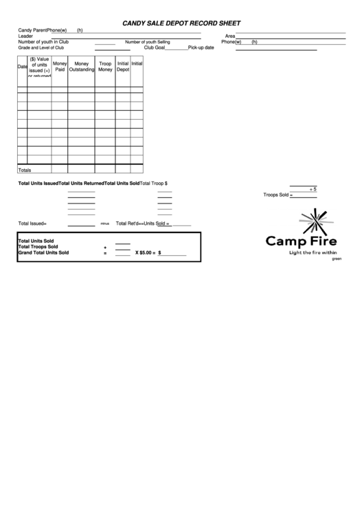 Candy Sale Depot Record Sheet Template