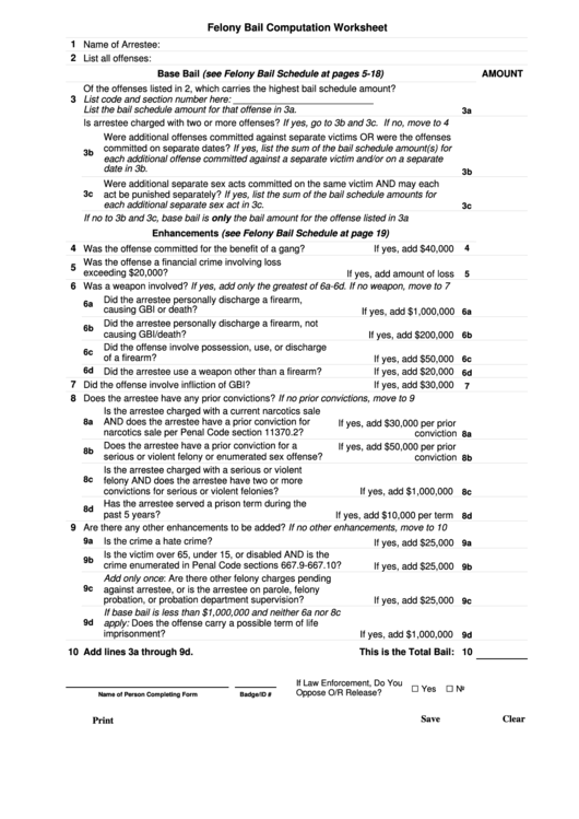 Fillable Felony Bail Computation Worksheet - Wegman & Levin Printable pdf