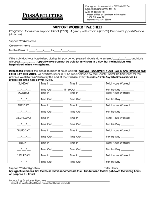 Support Worker Time Sheet Printable pdf