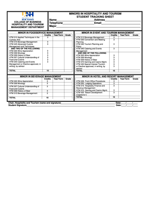 Minor Tracking Worksheet - Unh Hospitality And Tourism Management