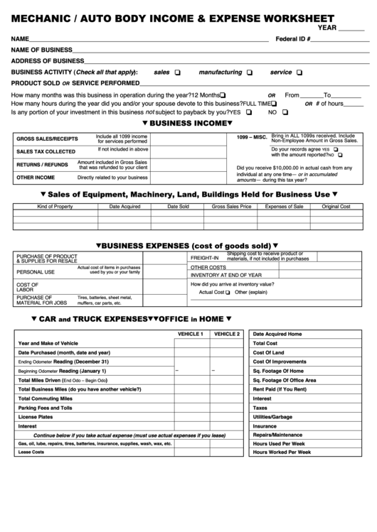 Mechanic / Auto Body Income And Expense Worksheet Template