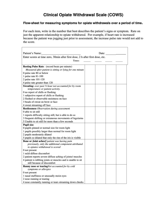 Clinical Opiate Withdrawal Scale (Cows) Template Printable pdf
