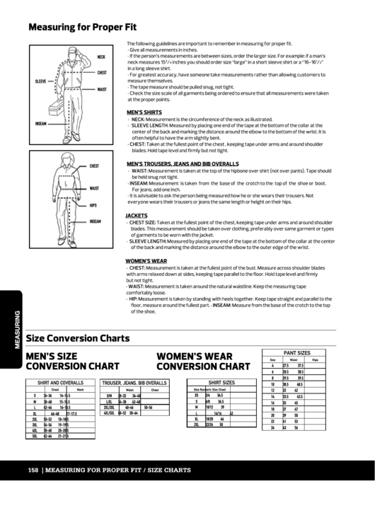 Measuring For Proper Fit / Size Charts Printable pdf
