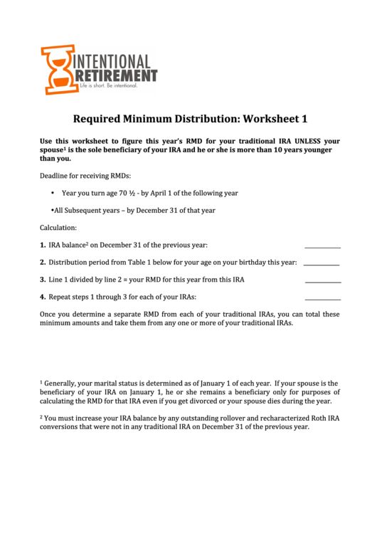 Required Minimum Distribution: Worksheet 1 - Intentional Retirement Printable pdf