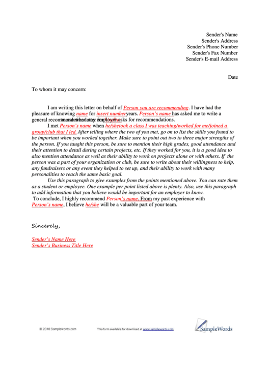 Sample Letter Of Recommendation Printable pdf