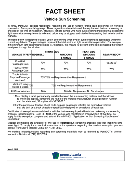 Vehicle Sun Screening Fact Sheet Template Printable pdf