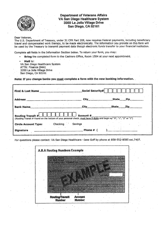 Banking Information Form - Va San Diego Healthcare System Printable pdf