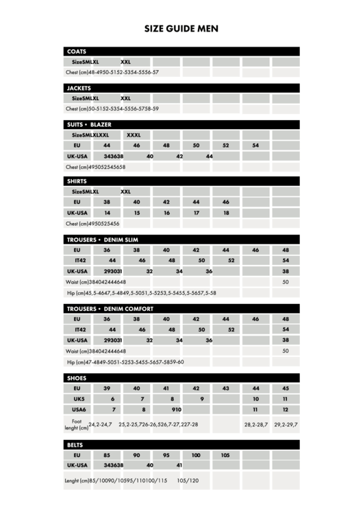 David Naman Men Sizes Guide Printable pdf