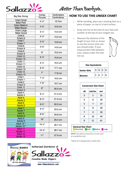 Sallazzo Unisex Shoe Size Chart printable pdf download