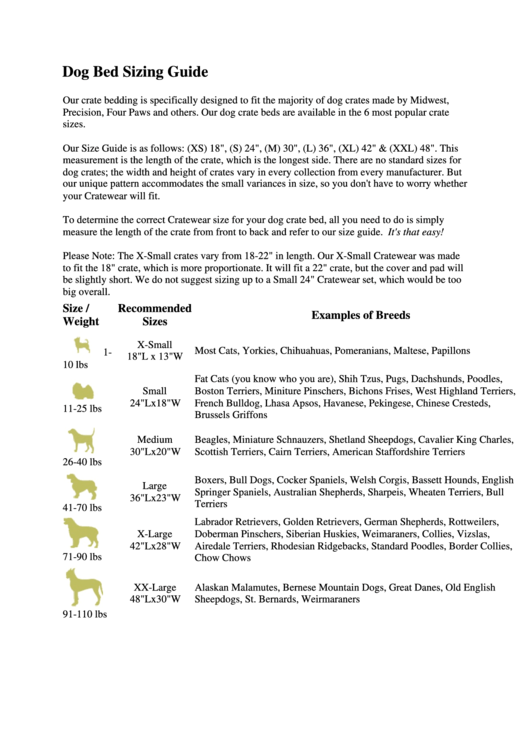 Dog Bed Sizing Guide Printable pdf