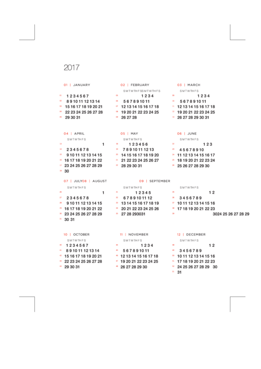 2017 Yearly Calendar - Small, Portrait Printable pdf
