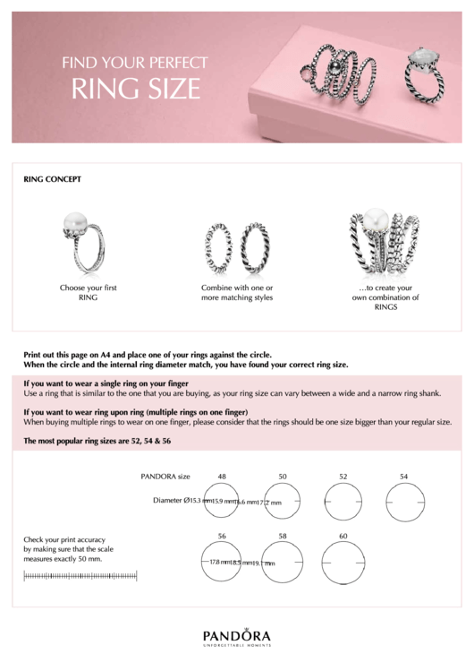 Pandora Ring Size Chart printable pdf download