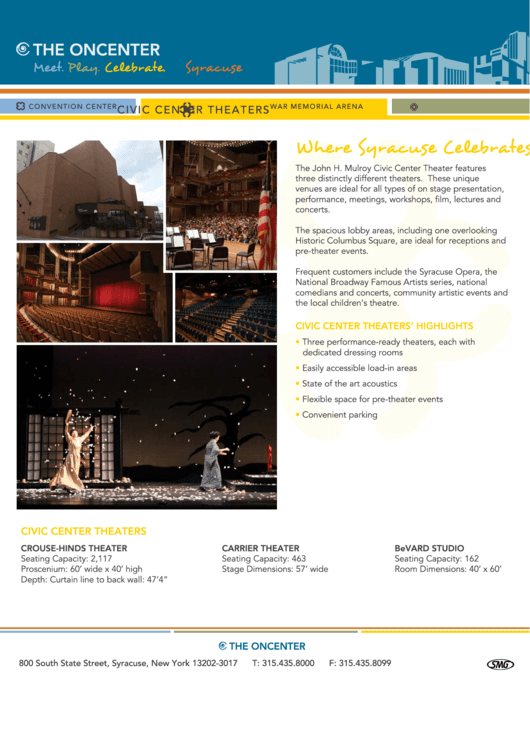 Civic Center Theaters Specification Sheet - The Oncenter Printable pdf