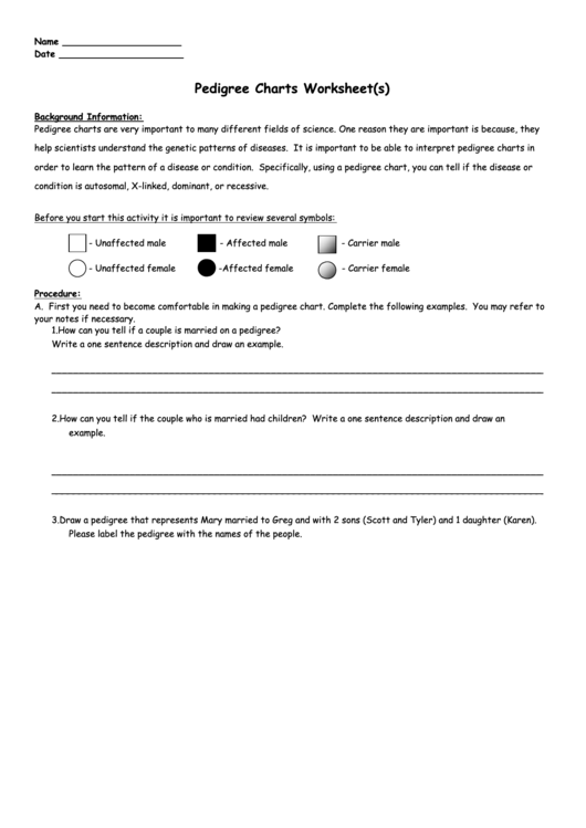 Pedigree Charts Worksheet(S) Printable pdf